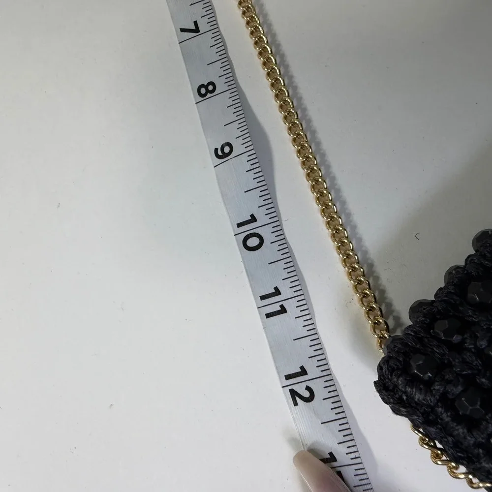 Fashion Imports Vintage Black Beaded Crochet Clutch Bag Gold Chain Made in Italy
